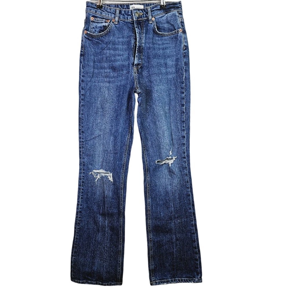 Zara Girlfriend Style Wide Leg Button Fly Distressed Holey Jeans, 6
